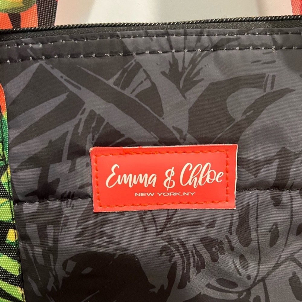 Emma & Chloe New York Tote Bag Black With Pink & Green Floral & Leaf Pattern View 3